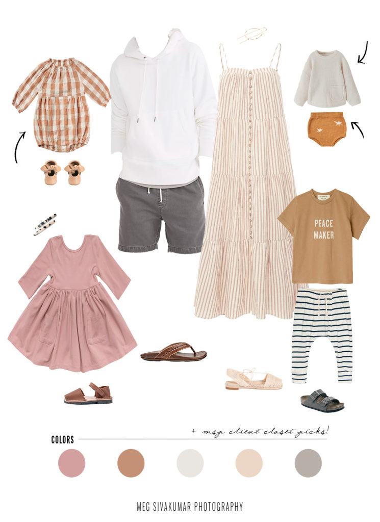 Casual boho outfits for your PNW summer family pictures featuring warm neutrals: amber, cream, & blush.