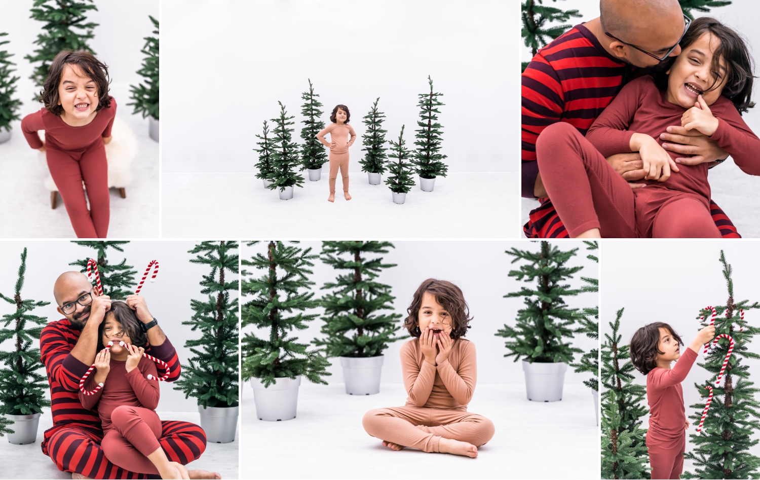 Meg Sivakumar 2021 Holiday Mini Session gallery featuring modern minimalist studio set and matching family Christmas pajamas