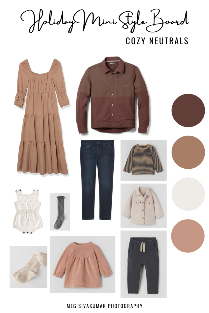 Holiday Mini Session Styling Board - Cozy Neutrals featuring camel, raisin, and ivory family outfits.