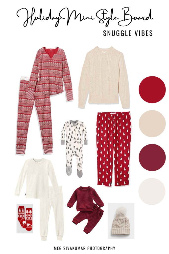 Holiday Mini Session Styling Board - Snuggle Vibes featuring matching family Christmas pajamas in oatmeal, cream, and red.