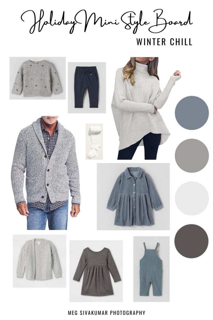 Holiday Mini Session Styling Board - Winter Chill featuring relaxed family outfits in grey, silver, and blue.