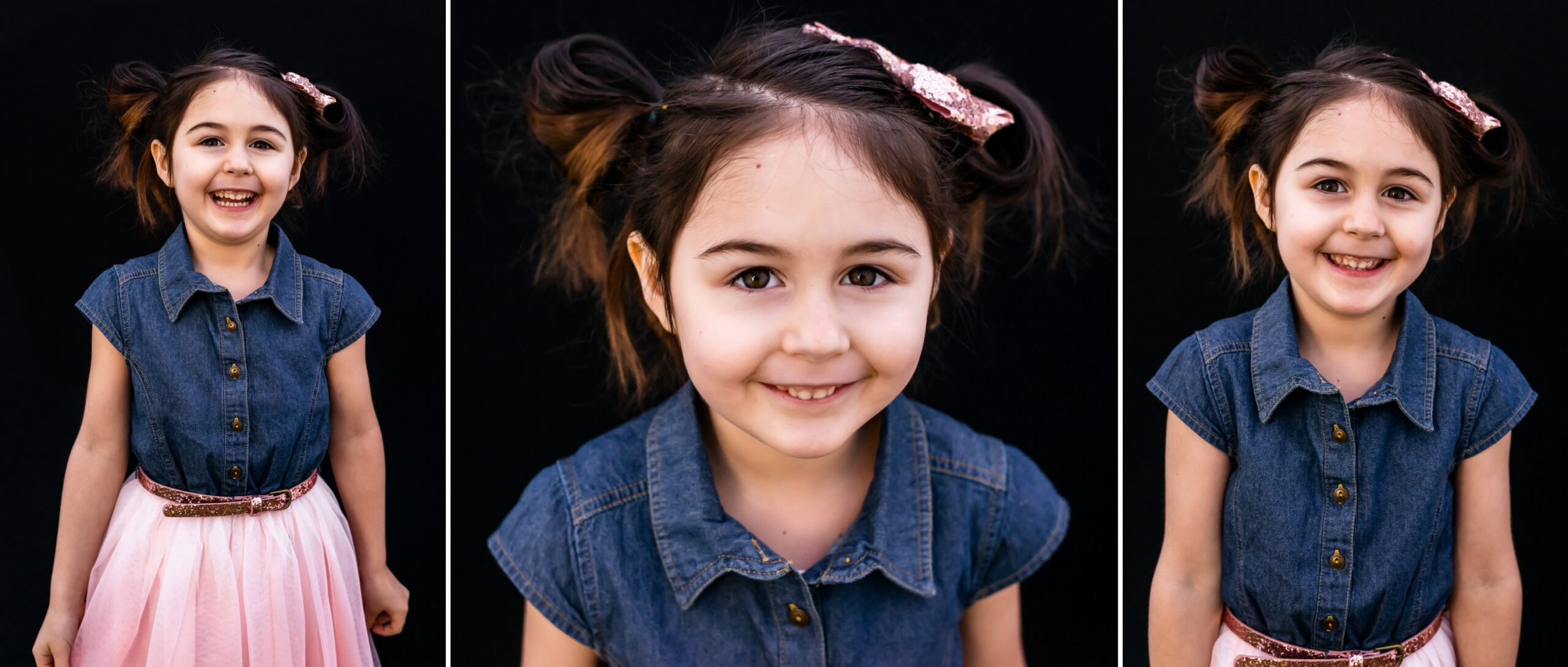 Three photos of smiling preschooler with pigtails bun and denim shirt.